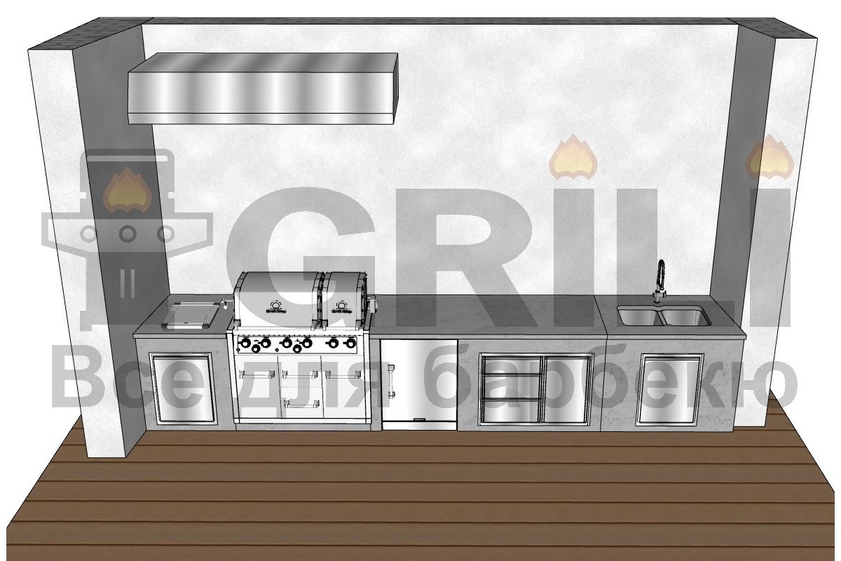 Бетонна вулична кухня з газовим гриль Broil King Imperial XLS і вбудованим холодильником (4,86 м.п.)